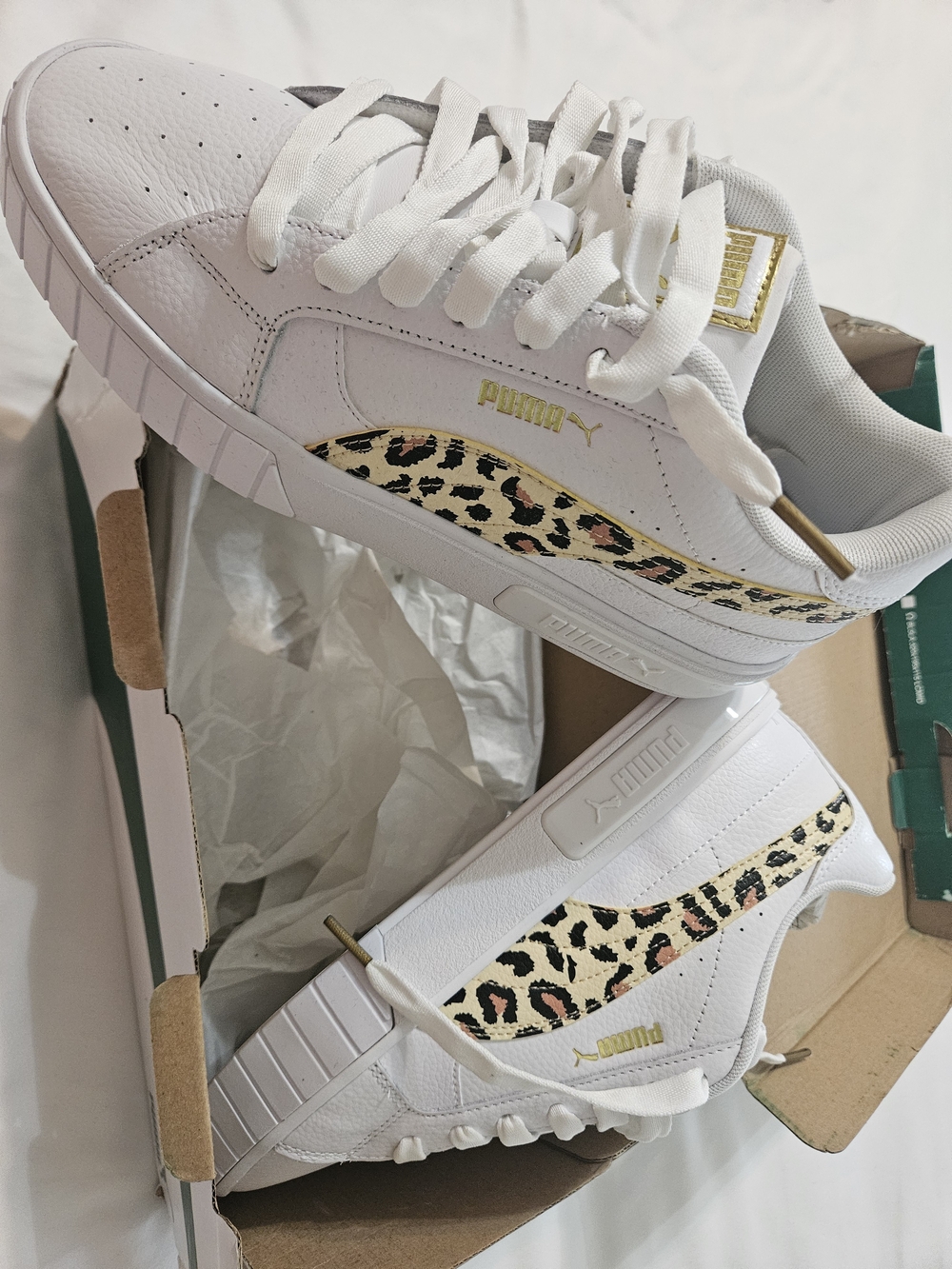 Puma White Sneakers with Leopard Print and Gold Accents